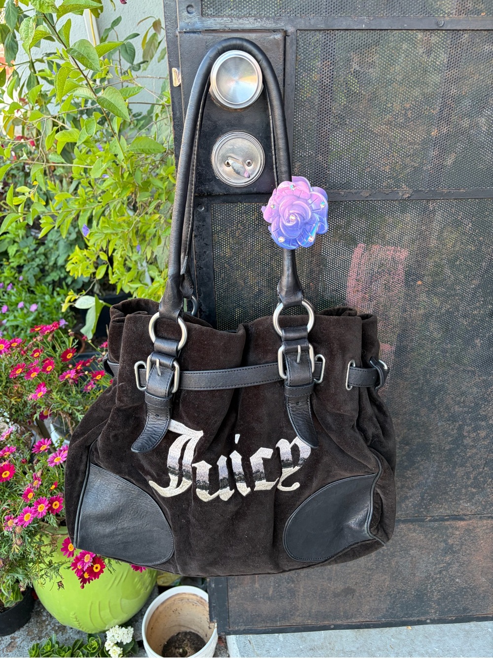 Gorgeous Y2K Vintage Original Juicy Couture black suede shoulder bag with Logo